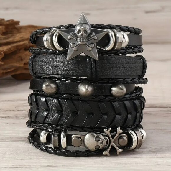 Leather Bracelet Cuff 5pc Black Skull Bullet Wrist Rock Edgy Goth Grunge Biker - Picture 2 of 4